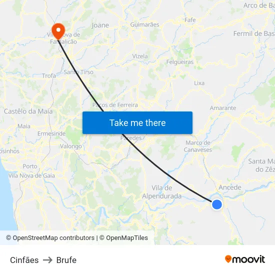 Cinfães to Brufe map