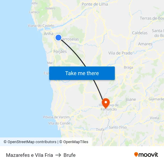 Mazarefes e Vila Fria to Brufe map