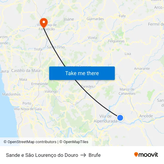 Sande e São Lourenço do Douro to Brufe map