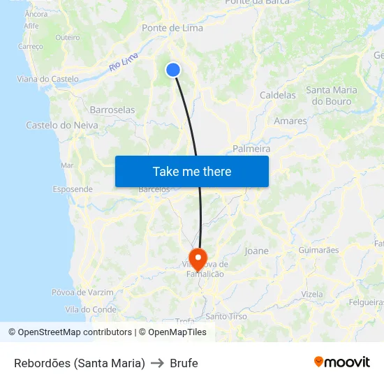 Rebordões (Santa Maria) to Brufe map