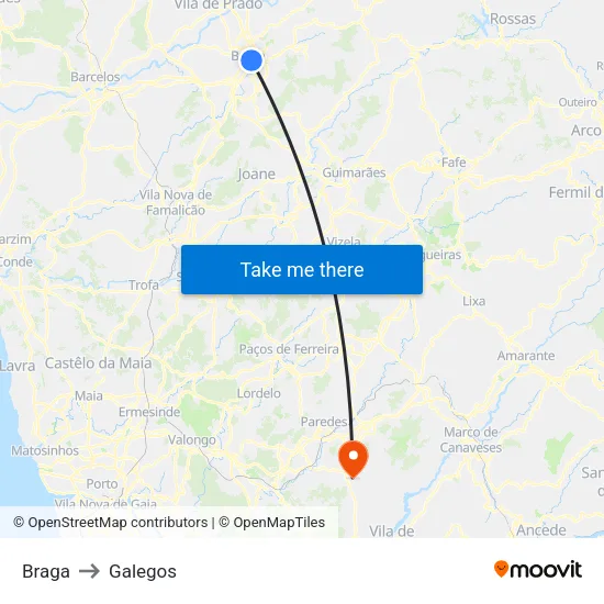 Braga to Galegos map