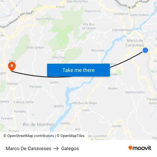 Marco De Canaveses to Galegos map