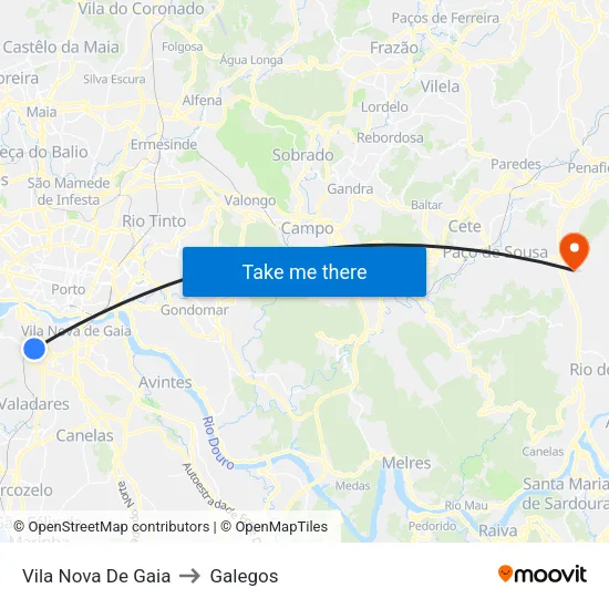 Vila Nova De Gaia to Galegos map