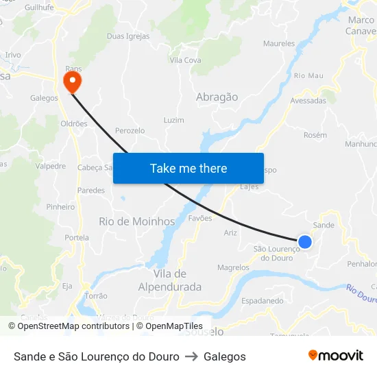 Sande e São Lourenço do Douro to Galegos map
