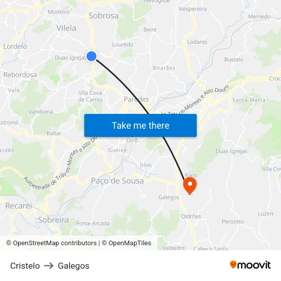 Cristelo to Galegos map