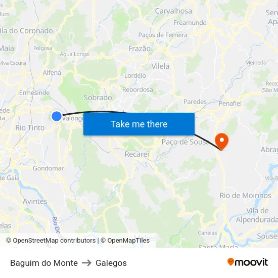 Baguim do Monte to Galegos map