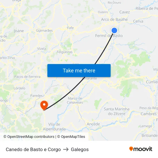 Canedo de Basto e Corgo to Galegos map