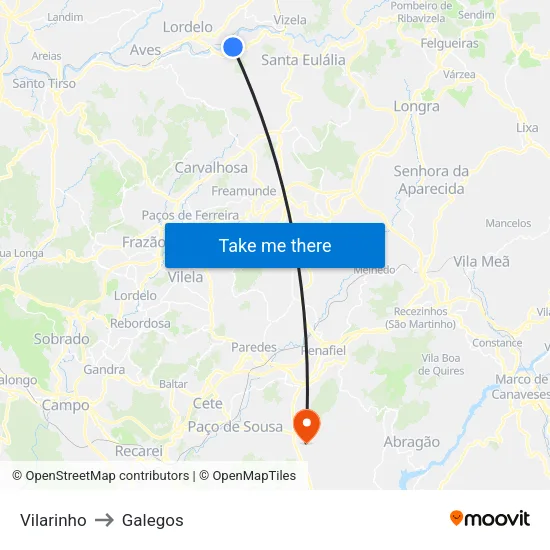Vilarinho to Galegos map