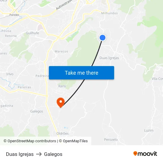 Duas Igrejas to Galegos map