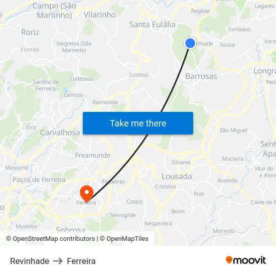 Revinhade to Ferreira map