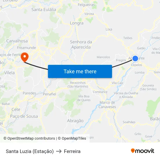 Santa Luzia (Estação) to Ferreira map