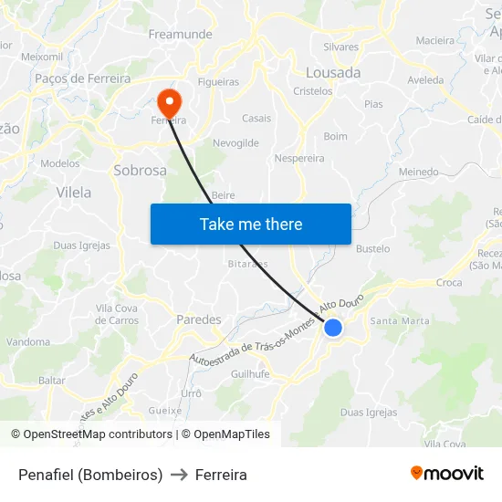 Penafiel (Bombeiros) to Ferreira map