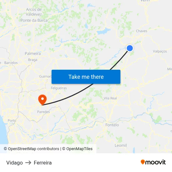 Vidago to Ferreira map