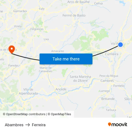Abambres to Ferreira map