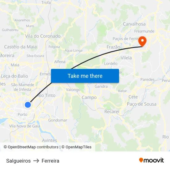 Salgueiros to Ferreira map