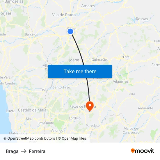Braga to Ferreira map