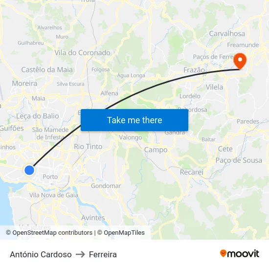António Cardoso to Ferreira map