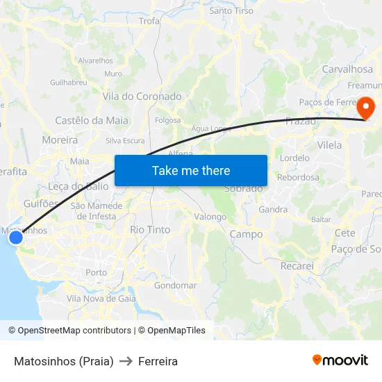 Matosinhos (Praia) to Ferreira map