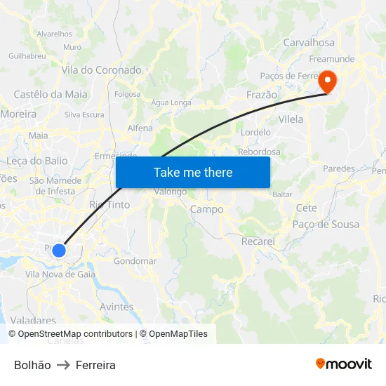 Bolhão to Ferreira map