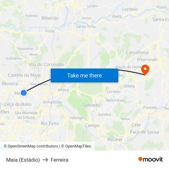 Maia (Estádio) to Ferreira map