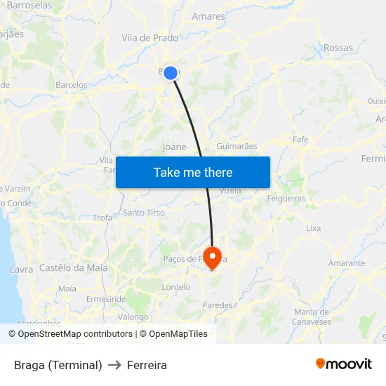 Braga (Terminal) to Ferreira map