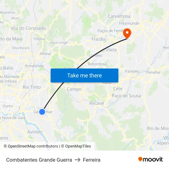 Combatentes Grande Guerra to Ferreira map
