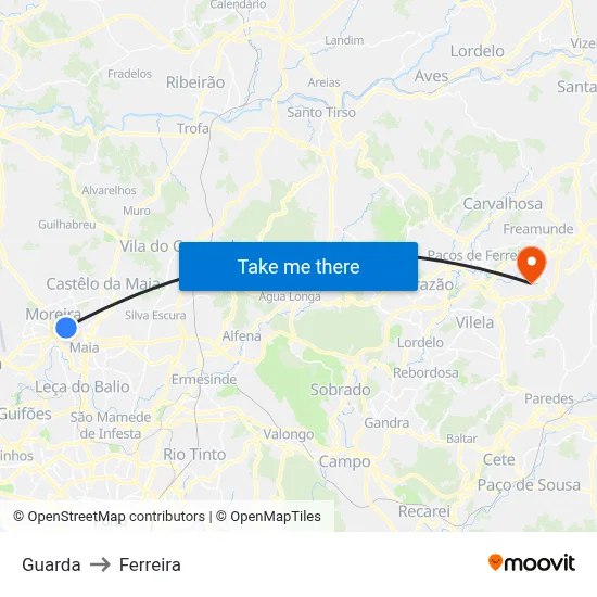 Guarda to Ferreira map