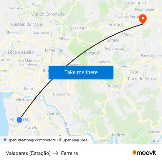 Valadares (Estação) to Ferreira map