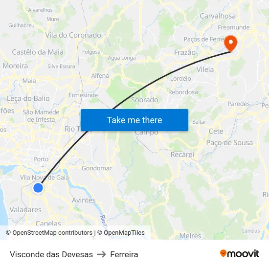 Visconde das Devesas to Ferreira map