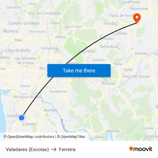 Valadares (Escolas) to Ferreira map