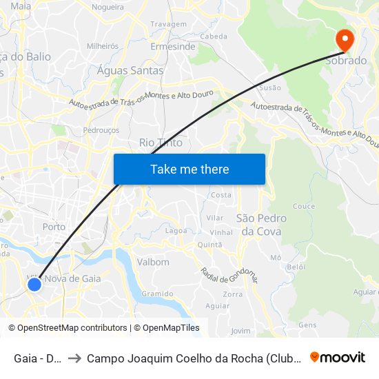 Gaia - Devesas to Campo Joaquim Coelho da Rocha (Clube Desportivo de Sobrado) map