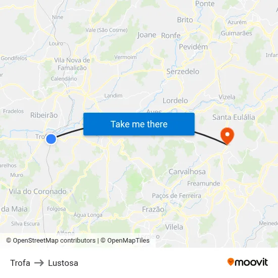 Trofa to Lustosa map