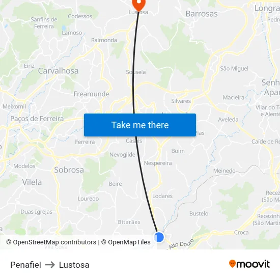 Penafiel to Lustosa map