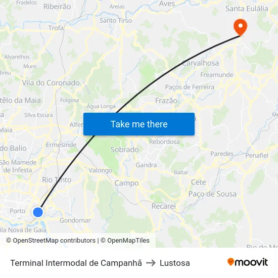 Terminal Intermodal de Campanhã to Lustosa map