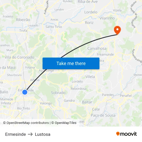 Ermesinde to Lustosa map
