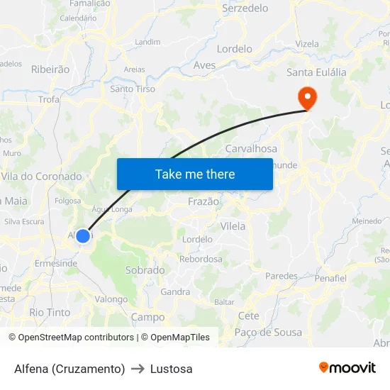 Alfena (Cruzamento) to Lustosa map