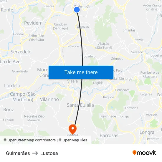 Guimarães to Lustosa map
