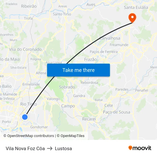 Vila Nova Foz Côa to Lustosa map