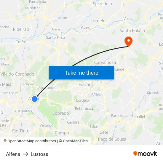 Alfena to Lustosa map