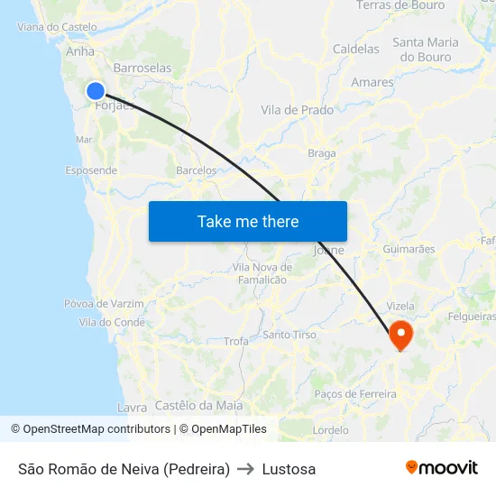 São Romão de Neiva (Pedreira) to Lustosa map