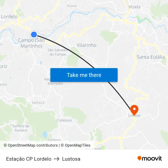 Estação CP Lordelo to Lustosa map