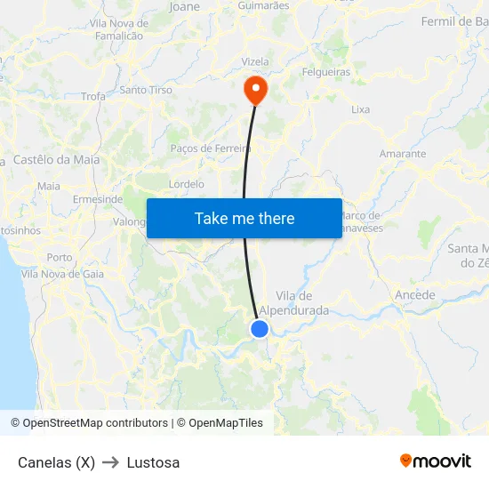 Canelas (X) to Lustosa map