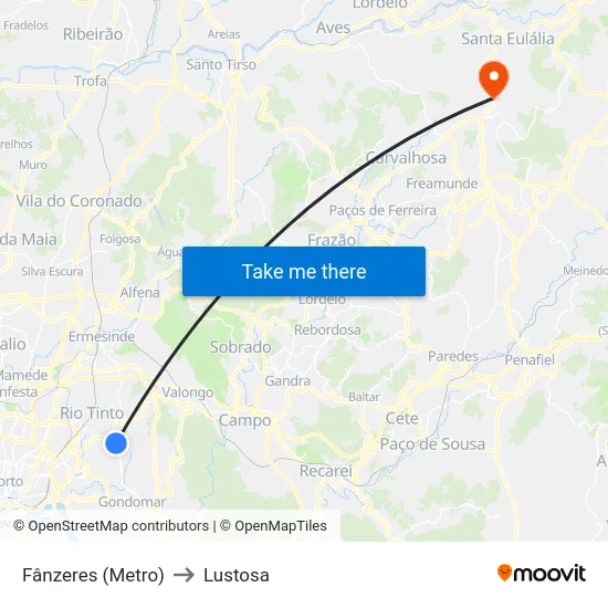 Fânzeres (Metro) to Lustosa map