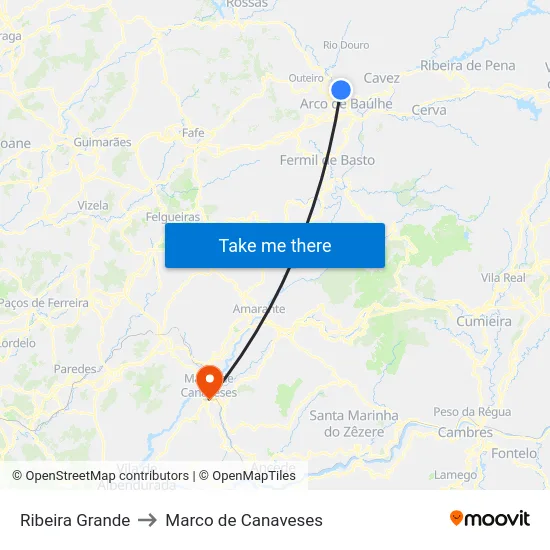Ribeira Grande to Marco de Canaveses map