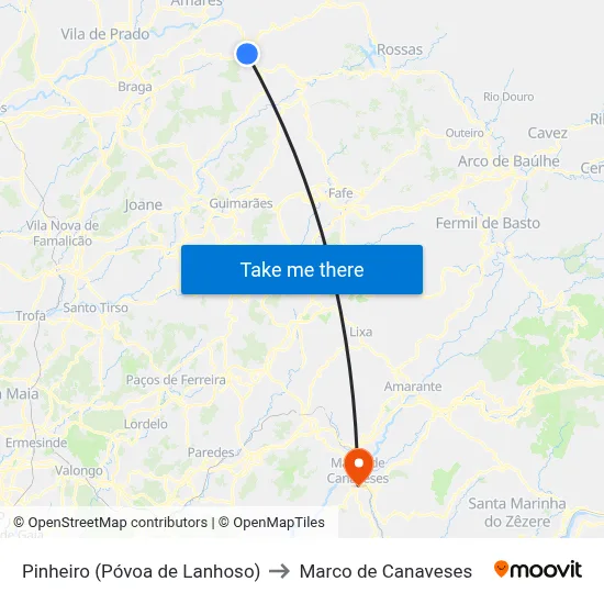 Pinheiro (Póvoa de Lanhoso) to Marco de Canaveses map