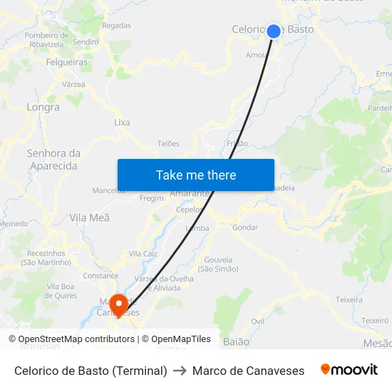 Celorico de Basto (Terminal) to Marco de Canaveses map