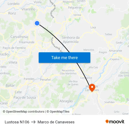 Lustosa N106 to Marco de Canaveses map