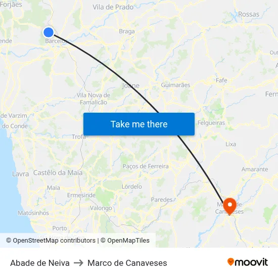 Abade de Neiva to Marco de Canaveses map