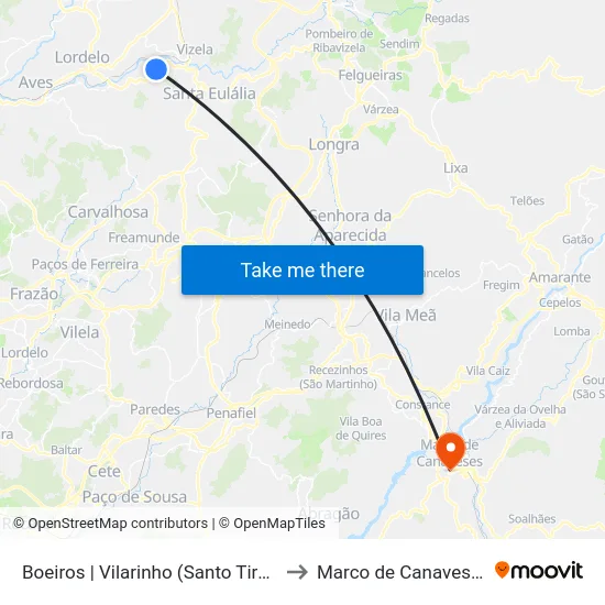 Boeiros | Vilarinho (Santo Tirso) to Marco de Canaveses map