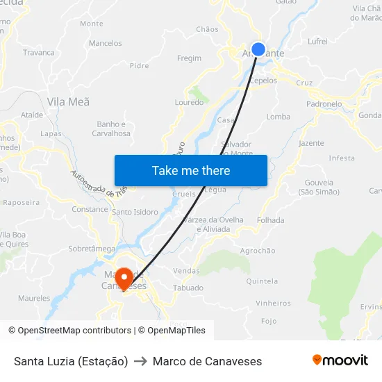 Santa Luzia (Estação) to Marco de Canaveses map